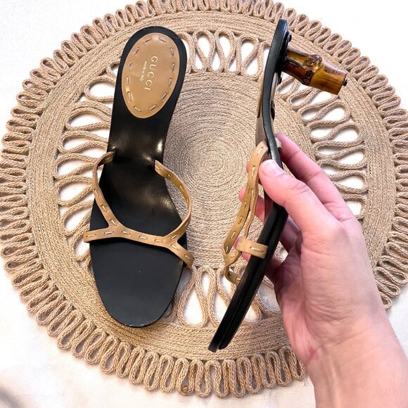 Gucci x Tom Ford Collection Tan Black Leather Bamboo Open Toe Slide Heels Size 9 - Picture 2 of 9
